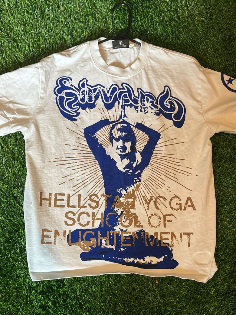White Hellstar Short Sleeve Tee with Blue & Gold Graphic